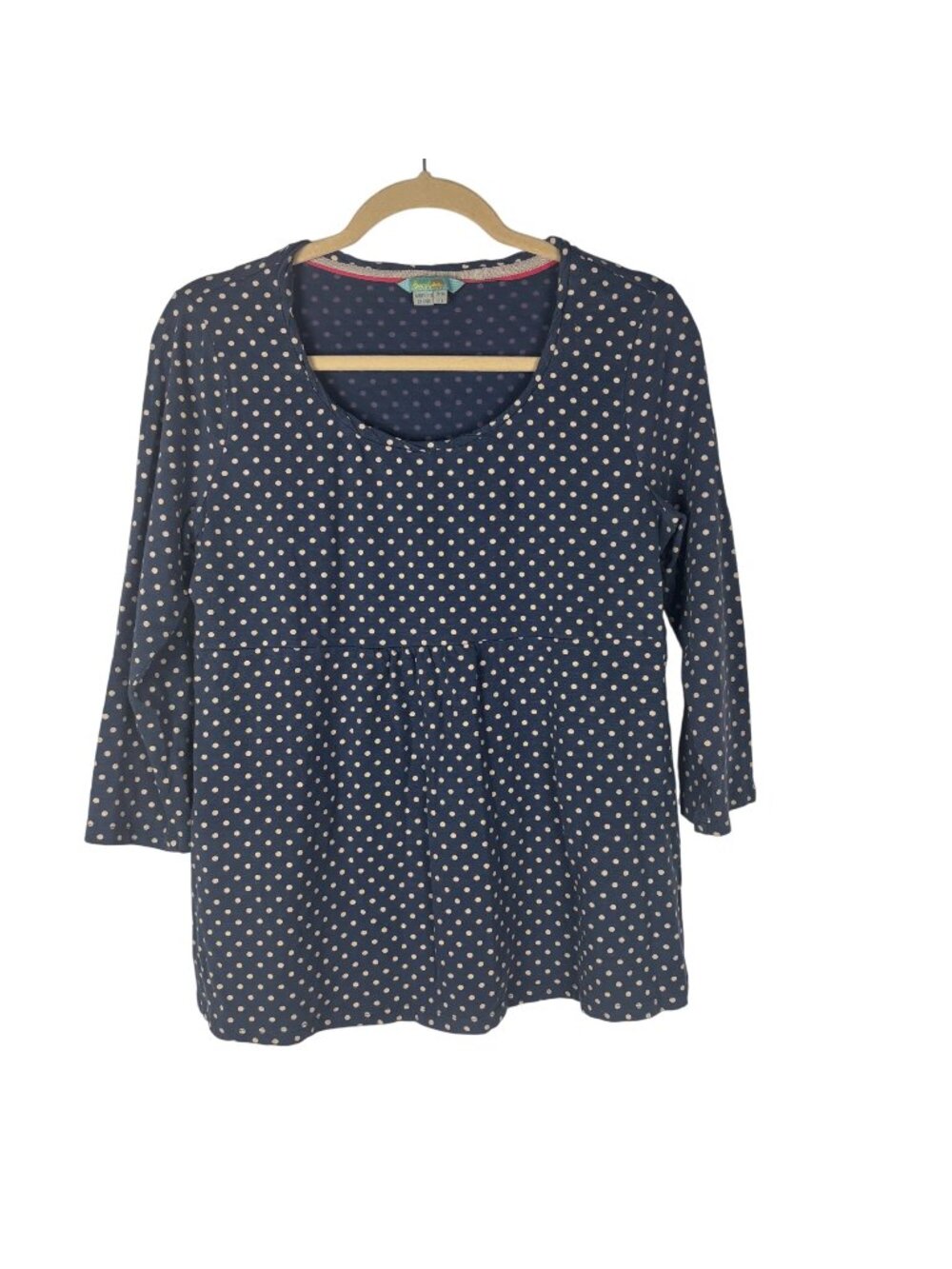 ✨3/$30 Boden 12 L Navy Blue Beige Tan Polka Dot Top